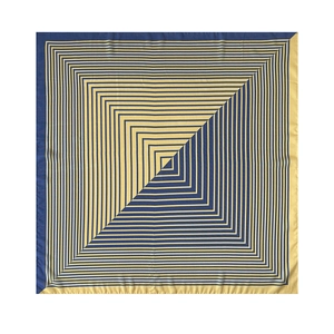 Detailed view of square silk scarf featuring bold blue and yellow geometric stripe pattern
