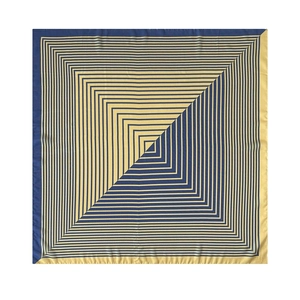 Square silk scarf with navy blue and yellow geometric concentric stripe pattern