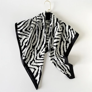 Elegant large black and white animal print square silk shawl with zebra pattern texture