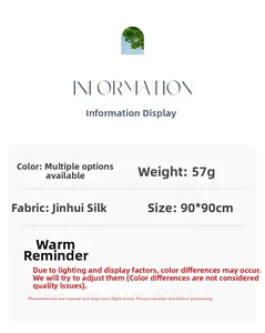 Detailed spec chart for 90x90cm vintage print silk scarf with weight and fabric info