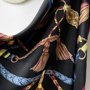 Elegant 90cm square silk scarf featuring classical golden tassels and vintage patterns