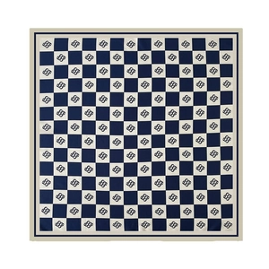 Foulard di seta a scacchi blu scuro e crema con stampa monogramma artistica LT