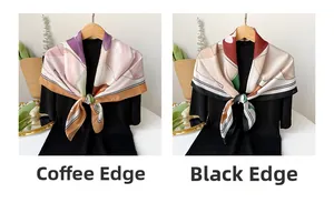 Detail view of 90cm square silk scarves with geometric print in coffee and black borders