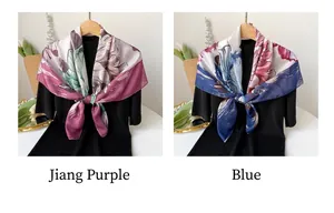 Detailed close-up showing silk-like floral square scarves in elegant dark purple and blue