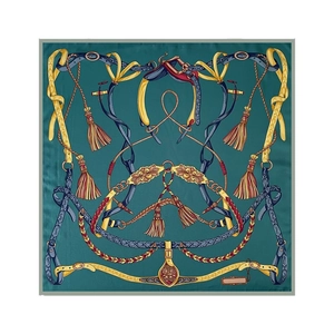 Elegant 90cm square silk scarf featuring a teal background and vintage equestrian prints