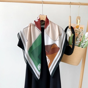 Elegant Satin Square Scarf Geometric Floral Print Lightweight Sun Protection Neck Scarf Modern Office Fashion For Women
