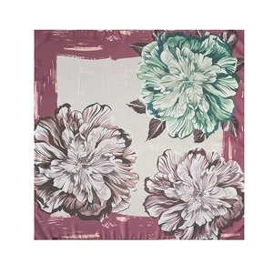 Detail of elegant 90x90cm square silk scarf featuring large peony floral patterns and hemmed edges