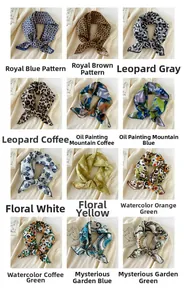 Collage of 12 cotton silk scarves featuring leopard print and floral patterns