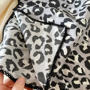Fashionable cotton leopard print neck scarf with delicate black lace trim for women