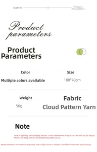Detailed size specifications for the 180x70cm moire yarn scarf in multiple colors