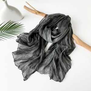 Macro view of charcoal grey crinkle textured scarf with fine edge stitching detail