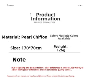 Specifiche dettagliate della sciarpa in chiffon di perle da 170 cm e del materiale