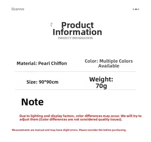 Detail sheet showing 90x90cm pearl chiffon square scarf material and weight specs
