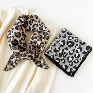 Women Fashion Cotton Square Scarf Leopard Floral Pattern Elegant Small Neck Kerchief With Lace Trim For Fashion Accessories
