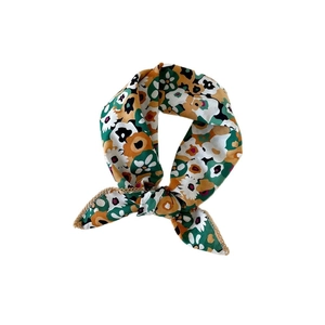 Elegant floral print cotton silk scarf with crochet lace trim and retro knotted design