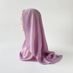 Close-up of lavender pleated chiffon hijab scarf showing fine vertical pleats texture