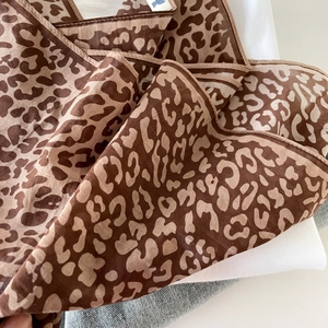 Fashionable brown leopard print silk neck scarf with premium smooth texture for women