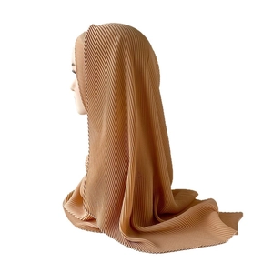 Solid coffee pleated silk-like hijab wrap for women with fine accordion fold textures