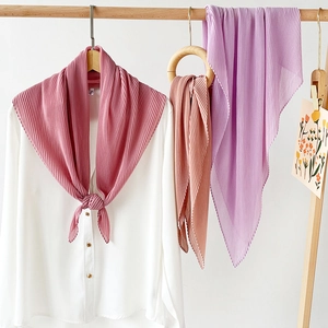 Women Elegant Pleated Square Scarf Solid Color Artificial Pearl Chiffon Hijab Middle Eastern Style Soft Fashion Shawl Headscarf