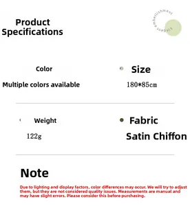 Detail specifications for 180x85cm satin chiffon scarf with size and weight metrics