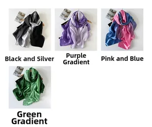 Detailed grid of satin gradient scarves in black, purple, pink, and green hues