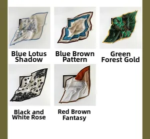 Detailed grid of five pleated silk scarves with varied floral and geometric patterns