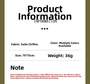 Specifications of 70x70cm pleated satin chiffon scarf weighing 36g with multiple color options