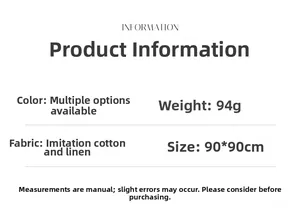 Specifications of the 90x90cm solid cotton linen scarf showing size, weight and fabric info