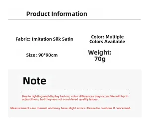 Detailed chart showing 90x90cm dimensions and imitation silk satin fabric specifications
