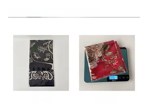 Detailed packaging and 70g weight measurement of 90cm printed silk square scarves