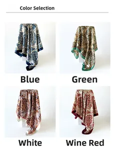 Baroque patterned silk scarf showing blue, green, white, and wine red color options