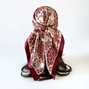 European vintage floral satin headscarf in burgundy red with damascus pattern for women