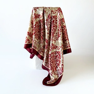 Elegant red and gold satin square scarf with damascus floral pattern and silky luster finish