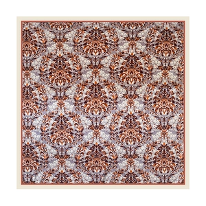 Detail of vintage Baroque floral pattern on 90x90cm silk-like satin square scarf