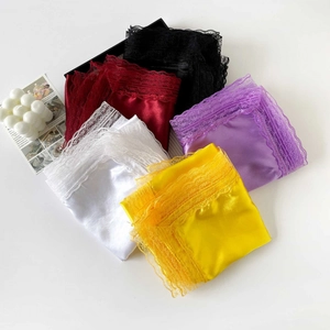 Five assorted colors of satin square scarves with elegant lace edges for hair or neck