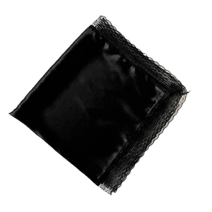 Glossy black satin square scarf with delicate lace edges for elegant women's neckwear