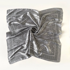 Vue détaillée du foulard en soie argenté avec motifs cachemire et bordure grecque