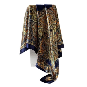 Elegante 90cm paisley zijden sjaal in marineblauw en goud met luxe satijnen afwerking