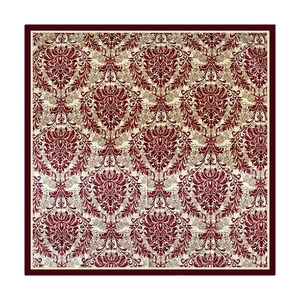 Vintage burgundy and beige square silk scarf with ornate Baroque damask floral patterns