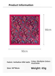 Infographic of pink paisley satin square scarf showing 90x90cm size and 65g weight details