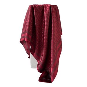 Deep red silk-like satin square scarf featuring elegant Greek Key geometric patterns