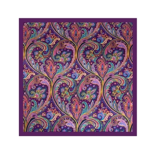 Detailed top view of 90cm square satin scarf featuring intricate purple paisley patterns