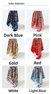 Detail view of 90cm paisley satin scarf showing six colors on minimalist displays