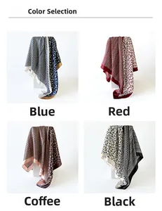 Detail view of 90cm satin square scarves featuring four color geometric floral prints