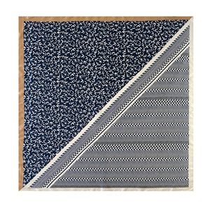 Detail of satin square scarf with bird patterns and herringbone weave patterns