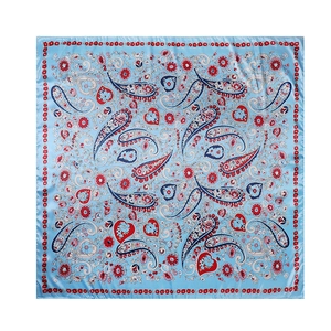 Detailed top view of 90cm satin square scarf featuring paisley and heart patterns