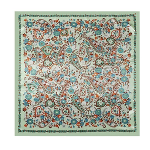 Detailed flat-lay view of a 90cm paisley satin square scarf with floral border print