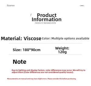Detailed size specification chart for solid color 180x90cm rayon scarf shawl wrap