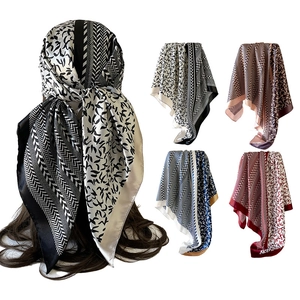 Women Satin Large Square Scarf Turban Headband Neck Scarf With Birds And Herringbone Printed Vintage Style Silk Like Bandana Accessories