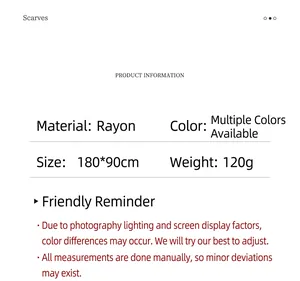Especificaciones del fular de rayón 180x90cm mostrando el tejido ligero de 120g